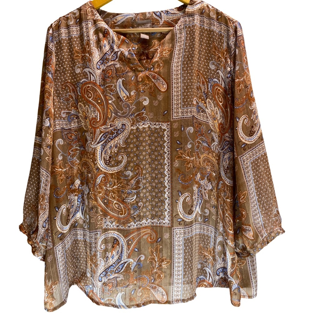 Chico's Blouse Sz 3 XL Metallic Paisley Sheer Boho Gold Blue V Neck Luxe Chiffon